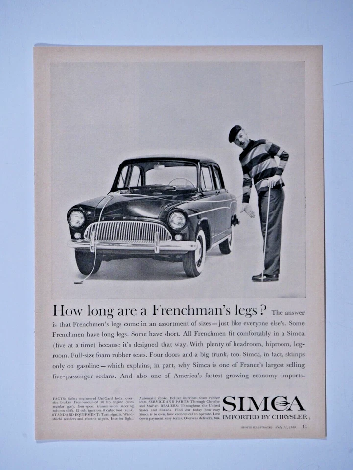 1960 Simca Vintage Frenchman's Legs Import By Chrysler Original Print Ad 8.5x11" - Image 3 of 3