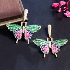 Lovely Yellow Gold Plated CZ Multicolor Large Wide Butterfly Dangle Drop Earring