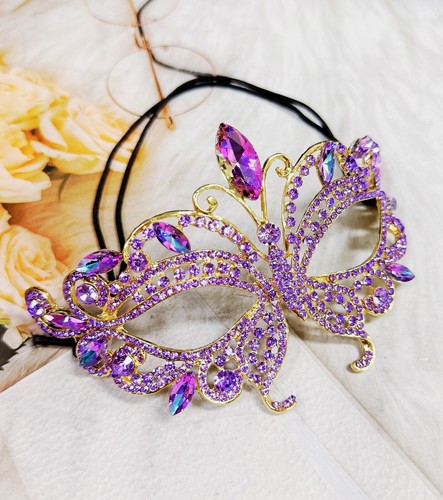 Purple Masquerade Ball Mask, Gold Wedding Mask, Lavender Crystal Mask, Prom Mask - Picture 2 of 8