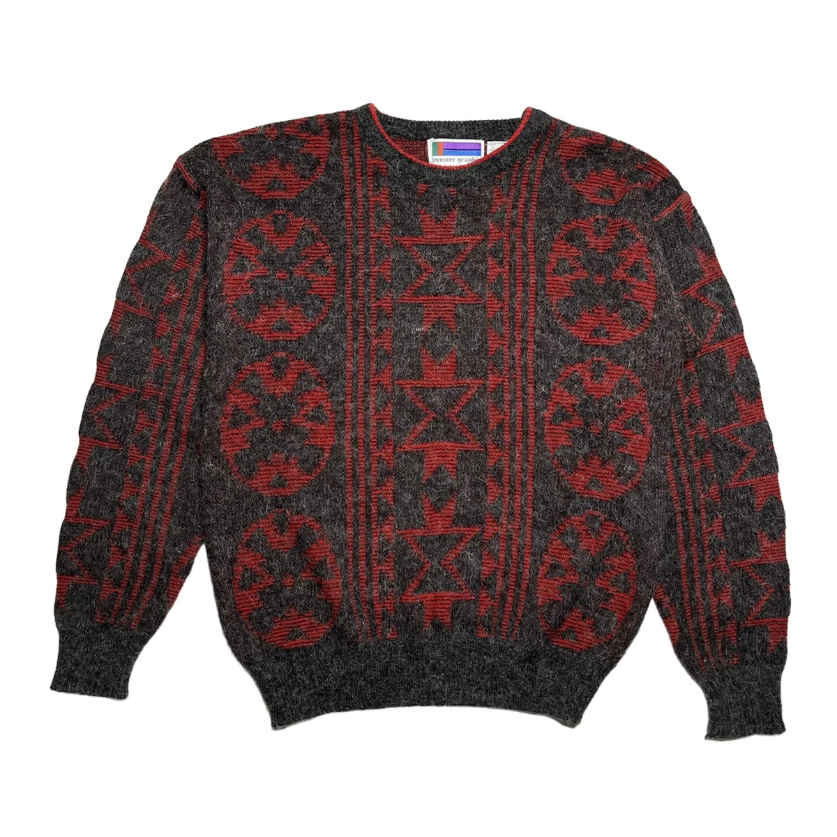 Vintage 90s Red Grey Mohair Style Geometric Aztec Pattern Knitted Sweater XL