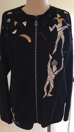 Sarah Handpainted Originals VTG Black/White Jesters Rhinestone Zipper Cardigan L - Picture 5 of 8