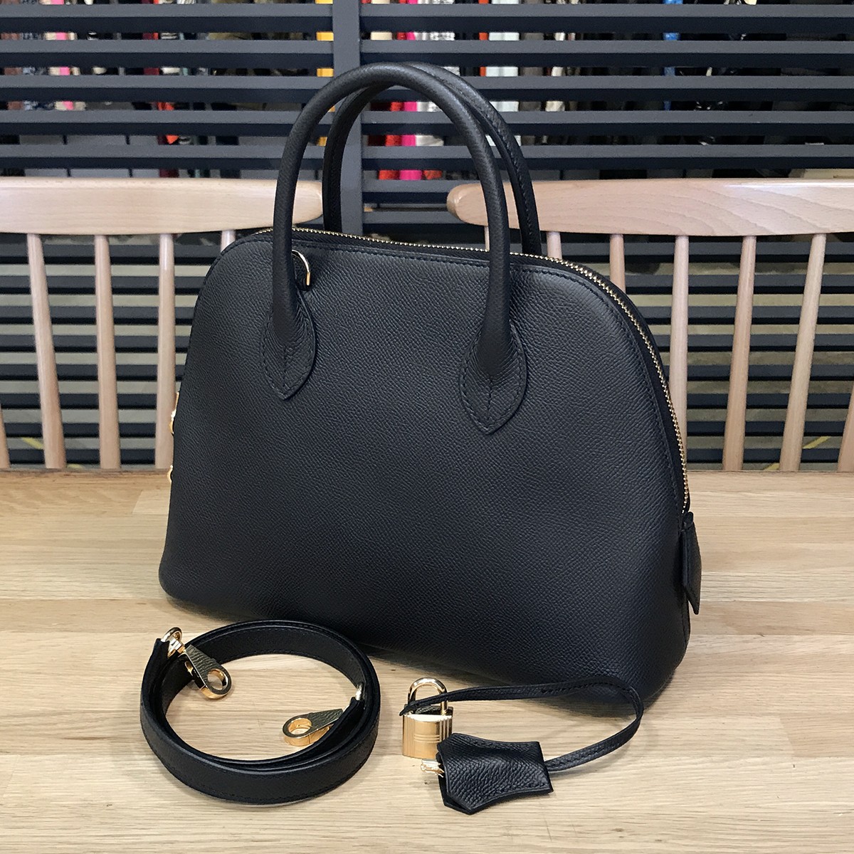 Hermes Bolide 1923 25 Epsom Black Gold Hd Engraved 2 Way Shoulder Handbag 7719  