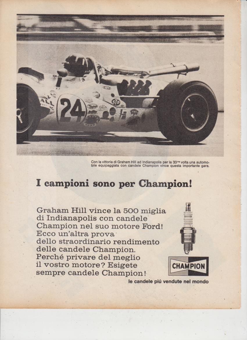 advertising PUBBLICITA'  CHAMPION CANDELE AUTO 1966 G. HILL VINTAGE CAR PARTS