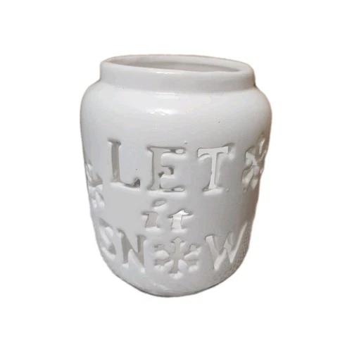 Ceramic  "Let It Snow"  Candle Holder Metal Wire Hanger White Cut-Out Wording - product listing photo