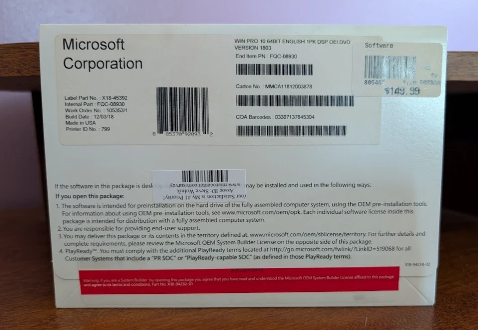 Microsoft Windows 10 Pro 64 bits inglés OEM DSP OEI DVD 1 dispositivo FQC-08930