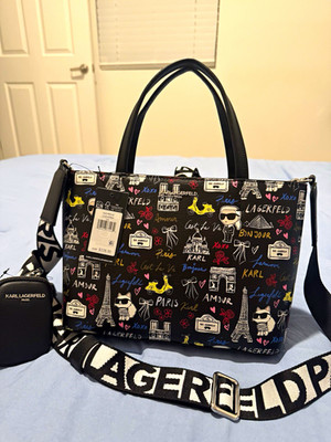 KARL LAGERFELD PARIS Black Paris Graphic Large Zip Tote Bag NWT