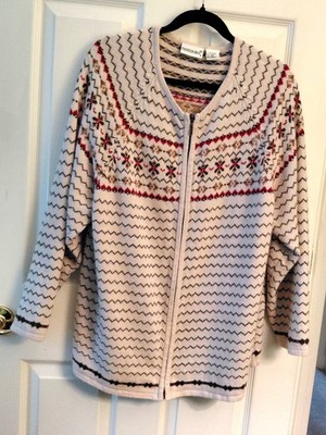 Fashion Bug Vintage Fair Isle Cream Red Green Zippered Cardigan Sweater Sz 18/20