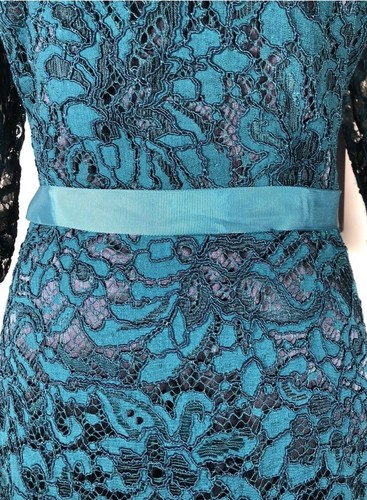 JS COLLECTIONS Turquoise Navy Teal Bateau Neck Lace V-Back Mermaid Gown 16 - Picture 7 of 16