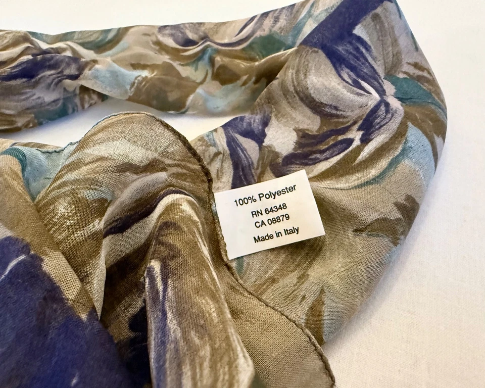 复古丝绸半透明围巾 10x54 英寸水彩花卉紫色、青绿色、棕色玫瑰 — 第 4/4 张图片