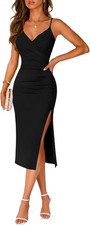 OWIN Women's XL Black Ruched Bodycon Midi Dress Side Slit Spaghetti Strap NWT