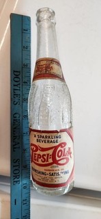 1940s/50s PEPSI:COLA PAPER LABELED CLEAR EMBOSSED BOTTLE LONG ISLAND CITY NICE!!