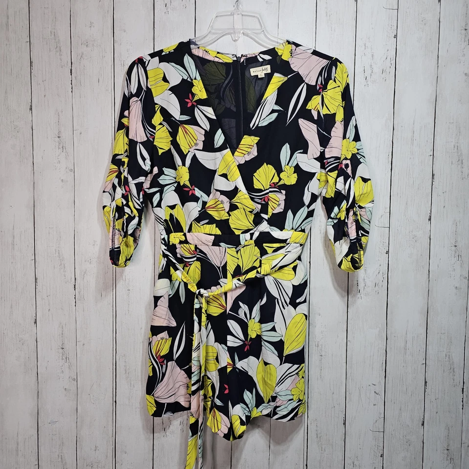 Mameluco para mujer MAISON JULES amarillo marino envolvente floral cuello en V cinturón talla grande Foto 3 de 4