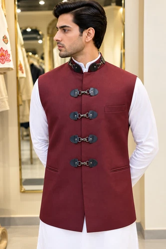 Men's Maroon Nehru Jacket Buckle Closure Modi Waistcoat - product listing photo