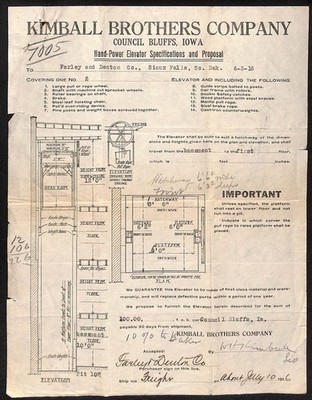 1916 Kimball Brothers Co. Council Bluffs, IO Elevator Specs & Quote Letterhead