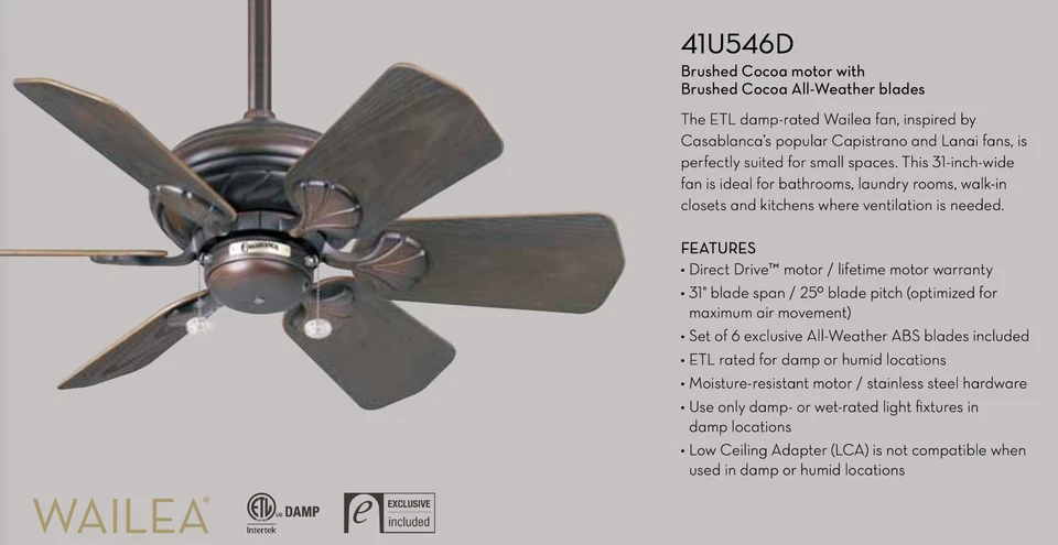 New Casablanca Wailea 31" Indoor/Outdoor Ceiling Fan, Brushed Cocoa, 41U546D - Image 4 of 4