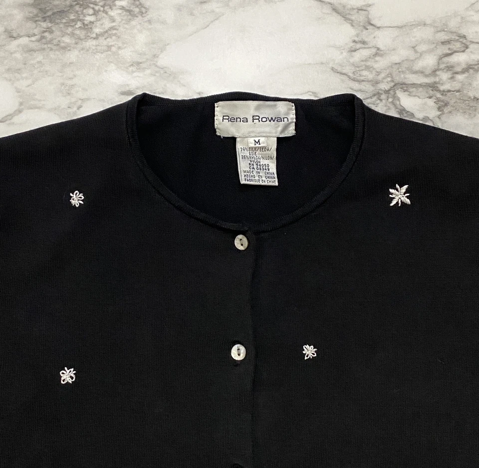 Rena Rowan Womens Sweater Size M Black White Embroidered Silk Blend Button Up - Image 2 of 4