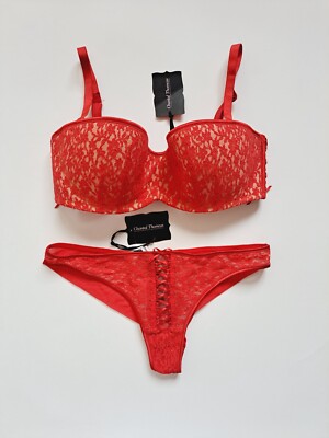 NEW Chantal Thomass Women Red Floral Set Bra 34 D & Underwear XS
