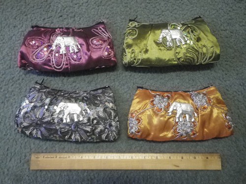 Thai Silk Cosmetic Bag Elephant Glitter/Sequined Makeup Clutch Purse Zipper - Picture 2 of 24