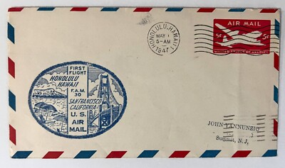 UNITED AIRLINES 1947 1ST FLIGHT HONOLULU-SAN FRANCISCO CANCELLED ENVELOPE CACHET