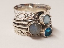 Wide Sterling Silver Fidget Spinning Multi-Gemstone 15mm Ring sz 7.5