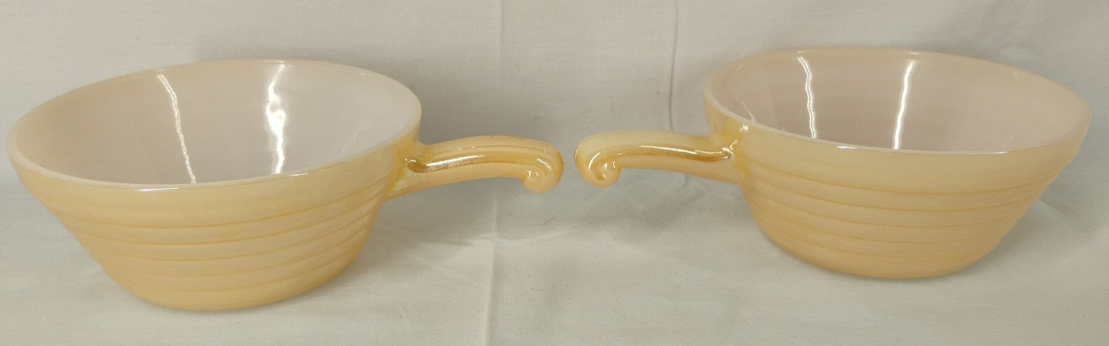 4 Fire King Peach Luster Bee Hive Ovenware Soup Bowls w/ Handles Iridescent 