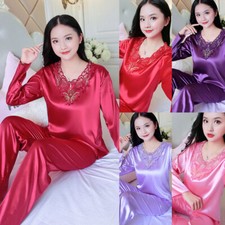 Women's Silk Satin Pajamas Set Long Sleeve V Neck Sleepwear Loungewear Pyjamas