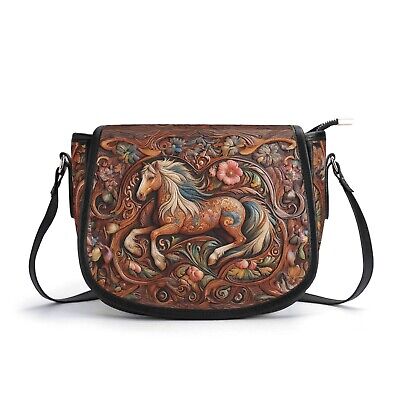 Western Horse Genuine Leather Saddle Shoulder Bag Floral Handbag Equestrian  Gift