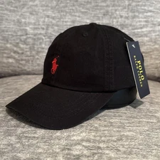 POLO Ralph Lauren Men's Cotton Adjust Dad Baseball Cap Black w/ Red Small Pony