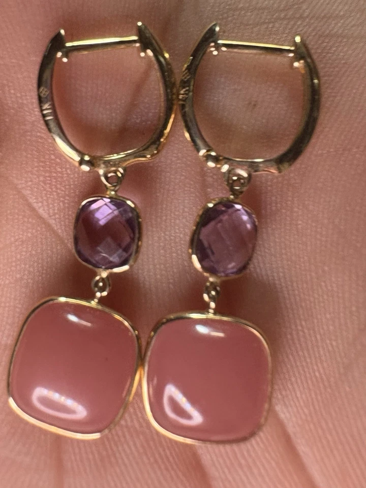 14k Yellow Gold Amethyst & Guava Quartz Bezel Dangle Earrings JewelMark 3.40G - Image 4 of 4