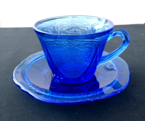 Depression Hazel Atlas Royal Lace Cobalt Blue Cup Saucer  Great Cond 1934-41