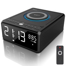 Bluetooth CD Player Alarm Clock with Wireless Charging, FM, AUX, USB, Remote