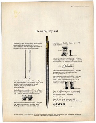 Parker 75 Classic Ball Pen Vintage 1973 Original Magazine Print Ad Pen Ad AD088