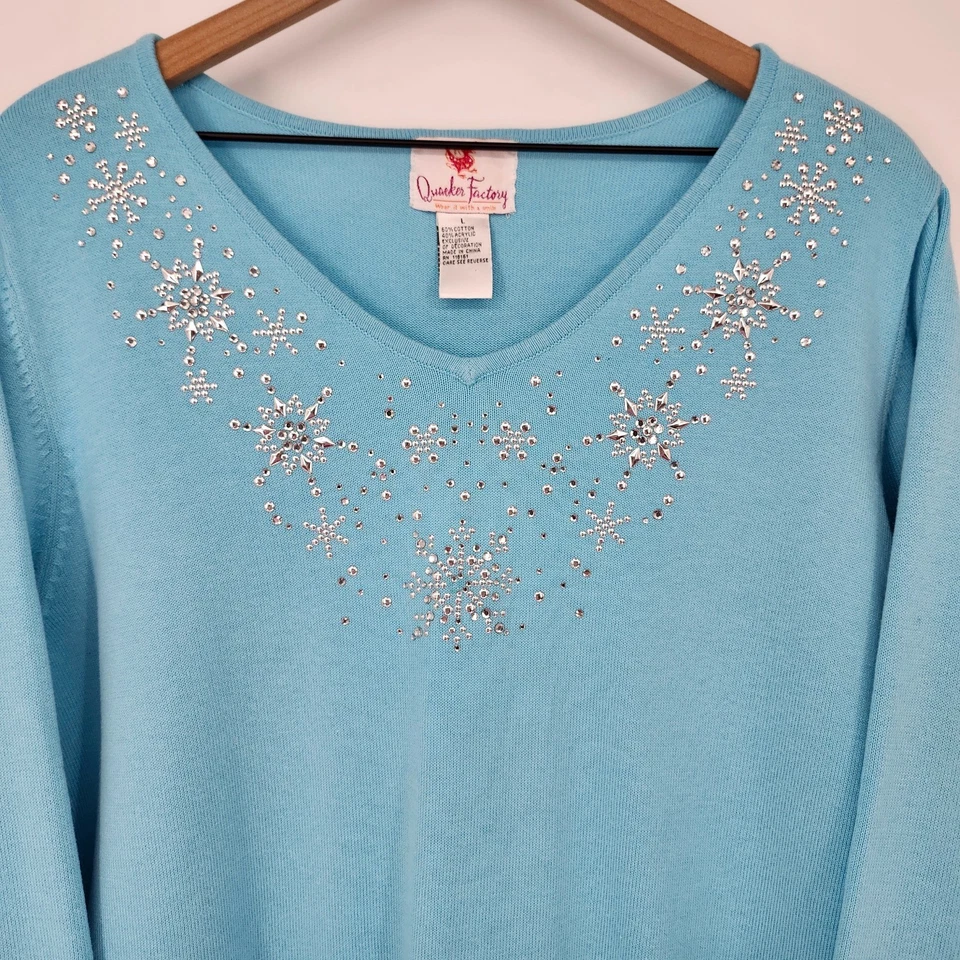 Quacker Factory Blue Snowflake Embellished Sweater Womens Large Winter Festive - Image 3 of 4