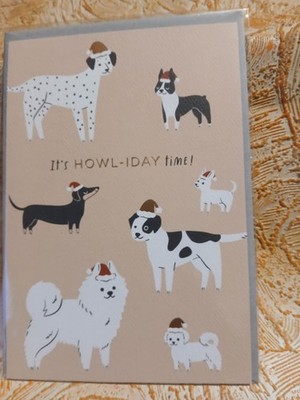 Adorable Merry Christmas Card It's Howl-iday Time! Dogs With Santa Hats New