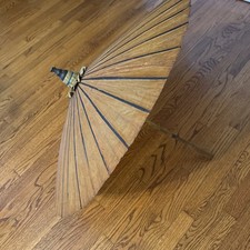 Antique Large Japanese Rice Paper Bamboo Wood Wagasa Parasol Umbrella Photo Prop