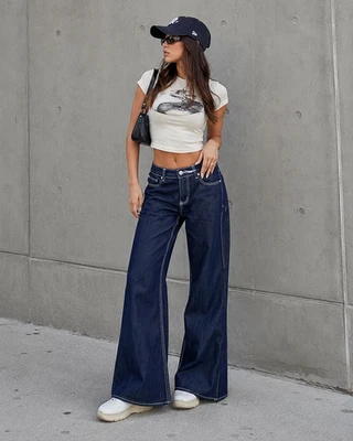 ABRAND Low Baggy Flare Jeans Size 27 AU 9 Dark Indigo Wide Leg NEW - image 1 of 4