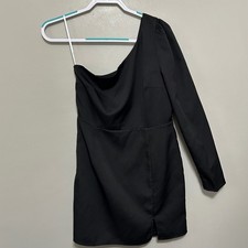 Lulu's One Shoulder Mini Dress Women L Black Excellent Long Sleeve Slit Side Zip