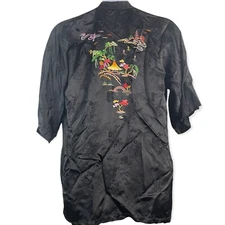 VTG Golden Bee Large? Kimono Topper Robe Black Asian Embroidered Boho