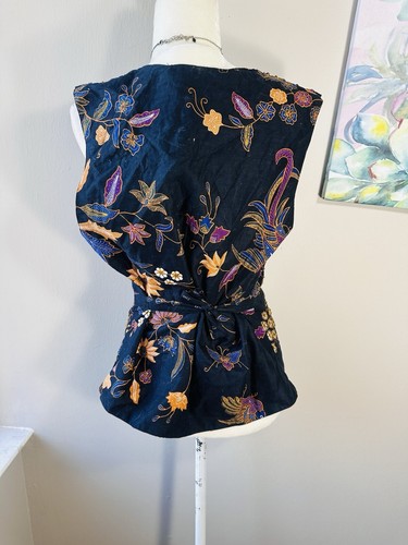 Vintage Floral Beaded Sequins Vest Top SZ L Black Bohemian 90s Style Blue Floral - Picture 7 of 8