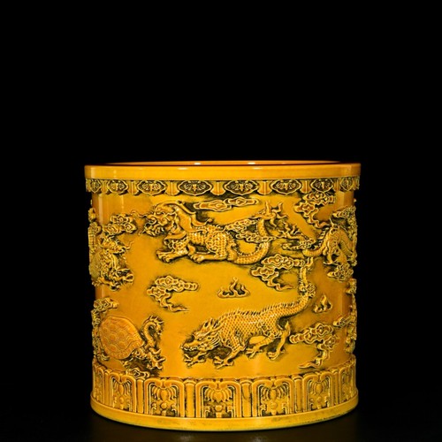 Beautiful Chinese Hand Painting Yellow Glazed Porcelain Dragon Brush Pot - Picture 5 of 9