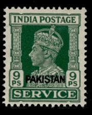 PAKISTAN GVI SG O3, 9p green, NH MINT.