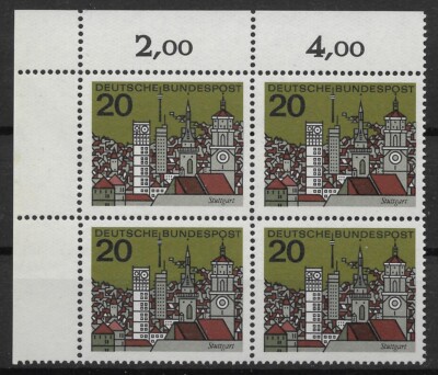 Bund 1964 ** Mi 426 Länder Stuttgart im Eckrandviererblock 4er oben links 04467D