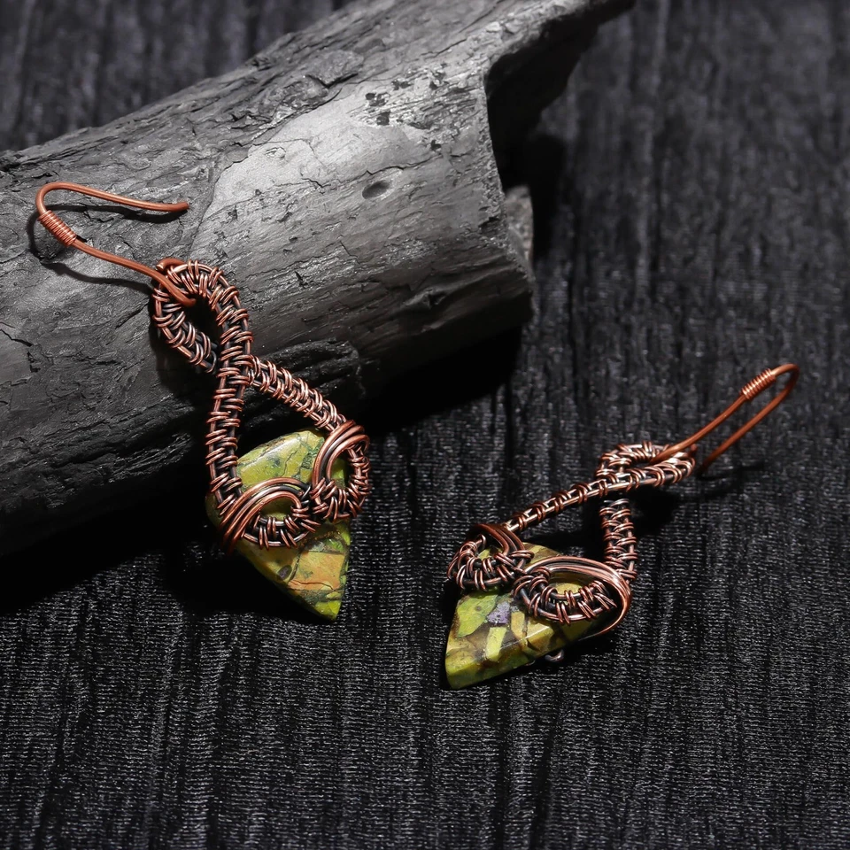 Brinco de cobre espinhoso turquesa pedra preciosa feito à mão joia fio envolto cobre - Imagem 4 de 4