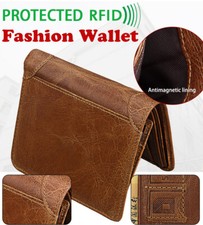 RFID Crazy Horse Genuine Leather Cowhide Mens Short Wallet Card Antimagnetic HiQ