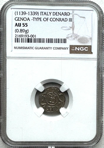 1139-1339 ITALY DENARO - GENOA - TYPE OF CONRAD III - NGC AU55  - FREE SHIPPING!