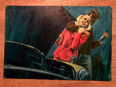 Published Pulp Illustration Painting Woman Broken Down Car Attacked By Man Knife
