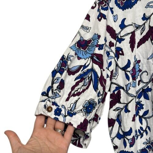 Robe en lin femme Liz Claiborne taille 18 blanche fleurie manches courtes ligne A NEUVE - Photo 4 sur 14