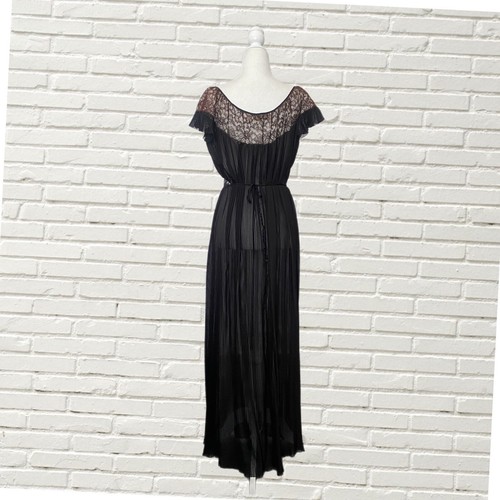 Vintage 40s Barbizon Peignoir Robe And Maxi Slip Set Black Pleated W Lace S - Picture 6 of 14