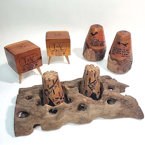 Vintage Salt & Pepper Shakers Wood Cactus & Hand Crafted Primitive Art Unique - Picture 2 of 13