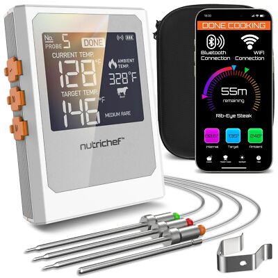 Nutrichef Wireless Meat Thermometer w/2 Stainless Steel Prob for Grilling + BBQ